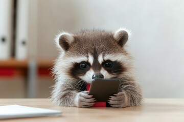 Baby raccoon is holding a cell phone in its paws. Concept of curiosity and playfulness, as the raccoon seems to be exploring the device