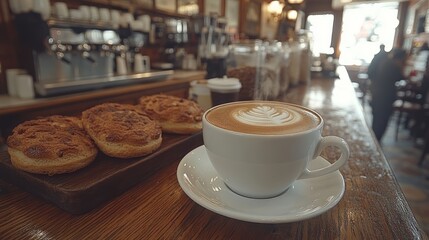 Serene Morning Coffee Setup with a Steaming Cup on a Wooden Table Surrounded by Natural Light