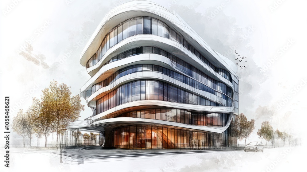 Poster modern architecture building design being drawn by an architect