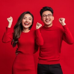 A happy young couple celebrating in red outfits against a red background.