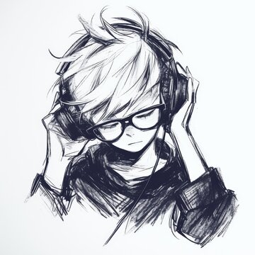 recommend clip art: A hand-drawn illustration of a young man wearing headphones and glasses, listening to music with a relaxed expression.