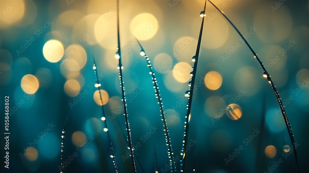 Poster closeup of dew drops on grass plain textured background for web design and copy