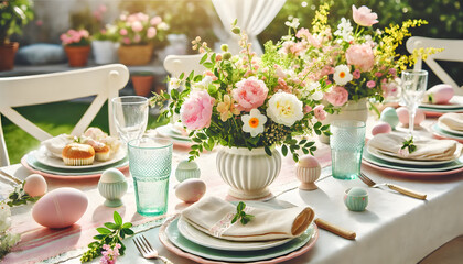 Fototapeta premium A beautifully arranged outdoor dining table featuring colorful flowers, dishes, and decorative eggs, perfect for a spring gathering.