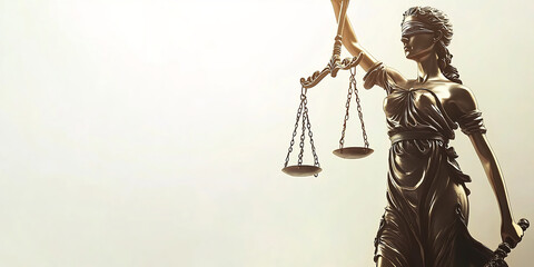 Lady Justice Statue Holding Scales Against Light Background. Bronze statue of Lady Justice holding scales, symbolizing law and fairness, set against a light gradient background for a dramatic effect.