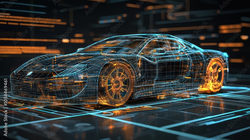Wall mural conceptual 3d scene depicting futuristic car technology with intersecting wireframes.