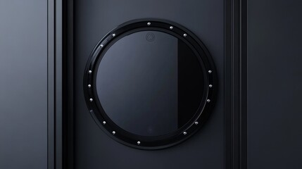 A round, black, framed window with rivets on a black wall.