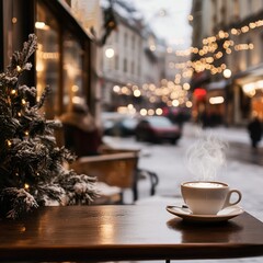 A steaming cup of coffee on a table outside a cafe in a snowy city street.