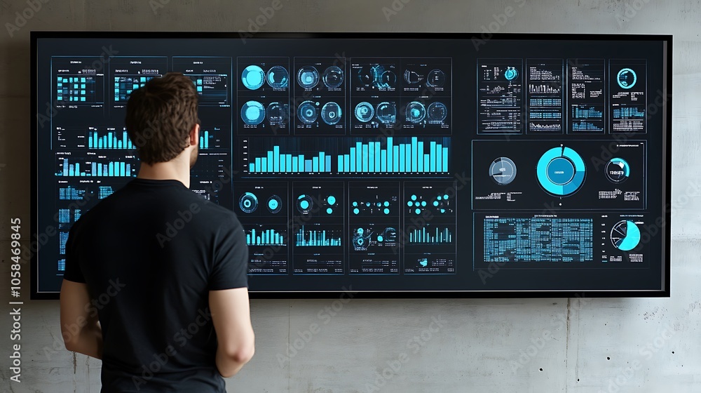 Poster businessman analyzing data on a large screen smooth blue background with copy space for advertisemen
