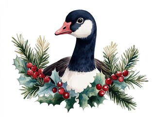 Naklejka premium A charming illustration of a goose surrounded by holiday greenery, including pine branches and red berries, creating a festive seasonal vibe, watercolor style