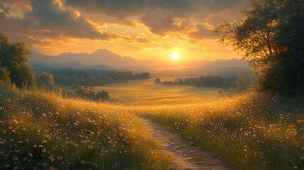 Obraz premium Serene landscape at sunset with a winding path through flowers.