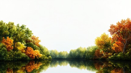 Obraz premium A serene landscape showcasing vibrant autumn foliage reflecting in calm water under a bright, clear sky, watercolor style