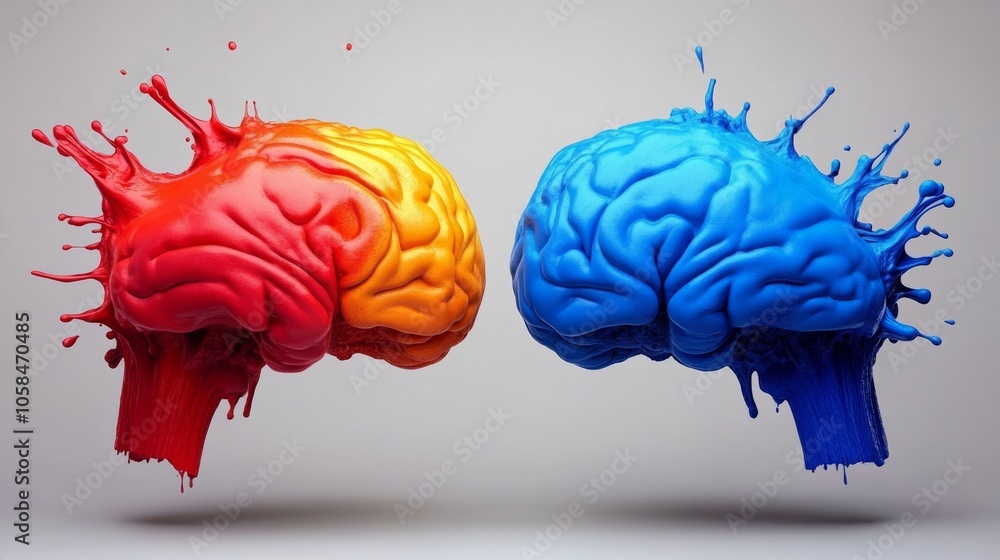 Poster two brains with red and blue paint splattered on them. the red brain is on the left and the blue bra
