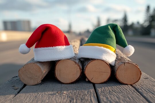 Two Santa hats are on top of a pile of wood. The hats are red and green and are sitting on a wooden bench. Scene is festive and cheerful, as the hats are associated with the holiday season