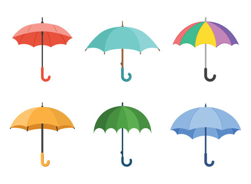 Waterproof umbrella icon set in flat style. Parasol vector illustration on isolated background. Rainy protection sign business concept.