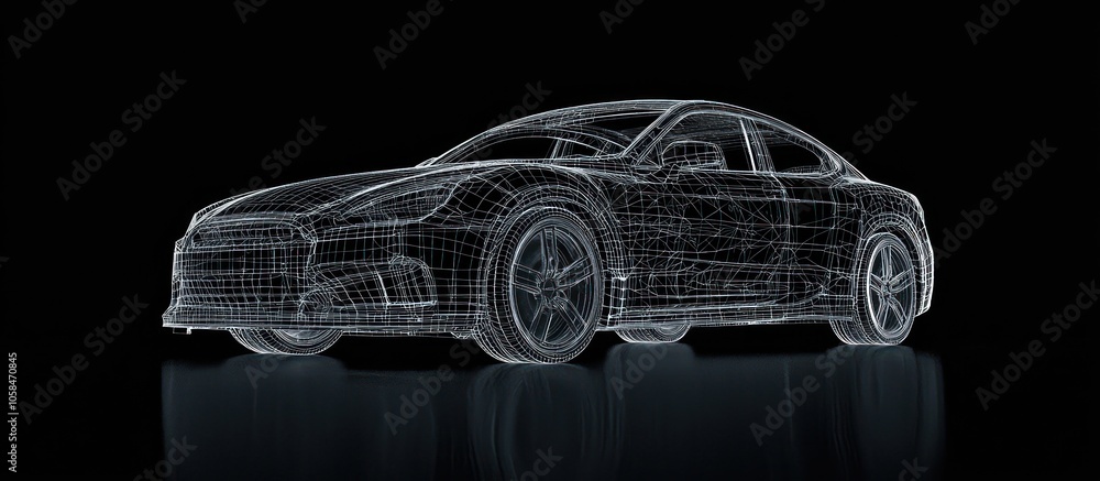 Wall mural front view of a generic car in 3d wireframe, showcased in augmented reality on a black backdrop.