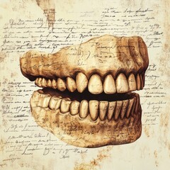 Antique dentures on vintage paper background.