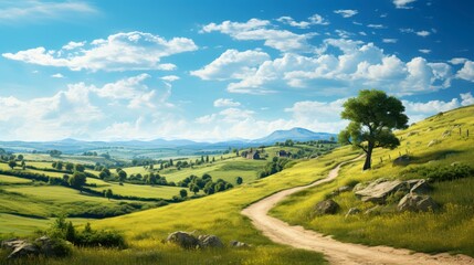 A serene landscape featuring rolling green hills, a winding dirt path, and a solitary tree under a bright blue sky, Ideal for nature-themed projects, travel blogs, or relaxation-themed materials,