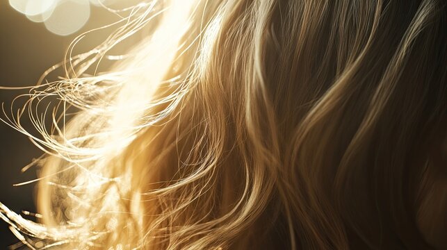 Closeup of a hairstyle highlighting dried blond hair in daylight, capturing blond strands from front to rear, with a glaucium light adding shine and bokeh effects throughout the image.