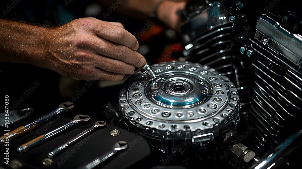 Poster a mechanic adjusts a chrome engine part with a socket wrench, showcasing motorcycle maintenance.