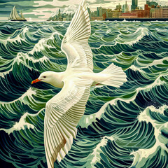 Fototapeta premium Artistic illustration of a seagull gliding over turbulent ocean waves, with a distant cityscape and sailboat on the horizon