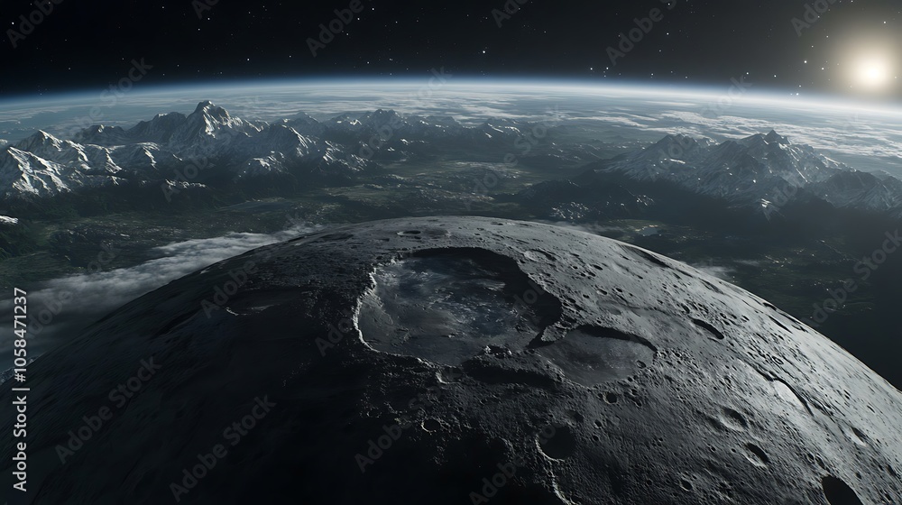Poster planet earth from space with moon in foreground simple neutral background with free space for design