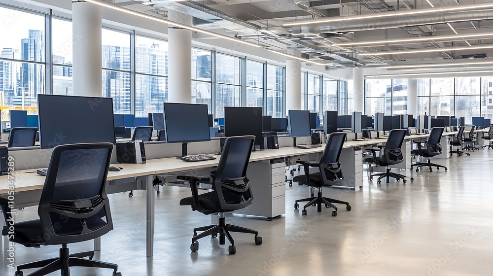 Poster Modern Office Workspace with Rows of Computers Blank Background with Copy Space for Design Projects