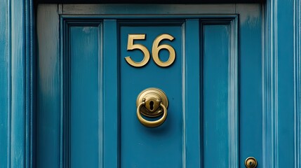 Close-up of a house number 56 sign on a solid blue door, highlighting the design and color contrast, with ample copy space for text and branding.