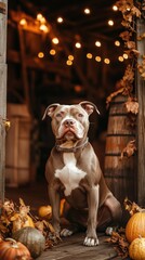 Proud American Pit Bull Terrier in Rustic Autumn Barn Setting with Warm Lighting