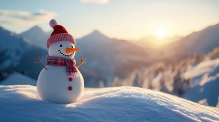 Obraz premium Panoramic view of a snowman standing on a snowy hill, with a mountain range behind and room for text on the right.