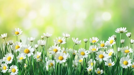 Fototapeta premium Spring background filled with blooming daisies and Pushkinia onions. A vibrant spring blossom scene captures the essence of natures renewal in a shallow depth of field. Copy space available.