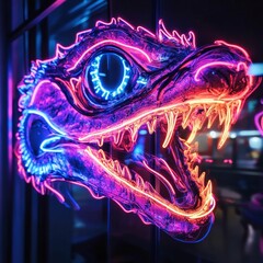 Neon dinosaur skull with glowing pink and blue lights.