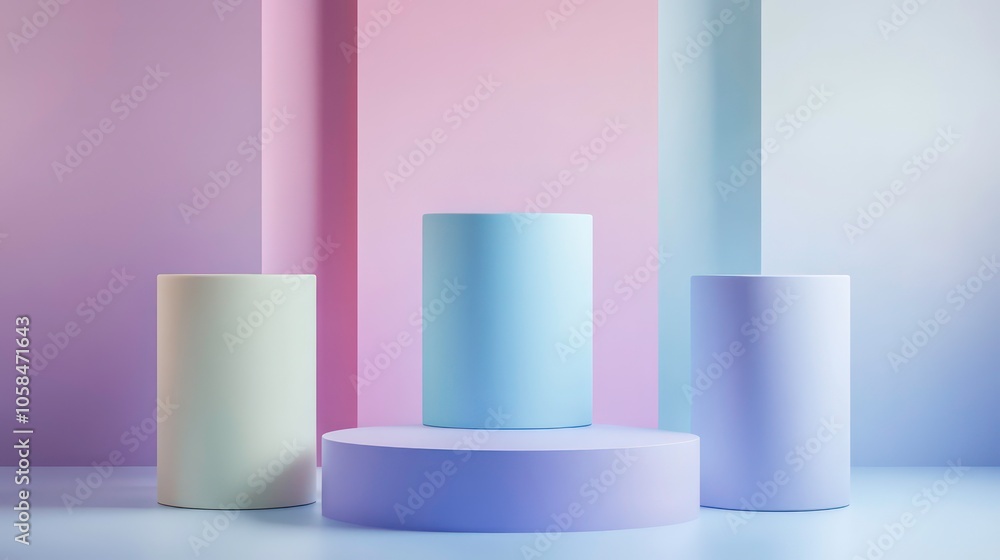 Poster a minimalist display featuring pastel cylindrical forms against a softly colored backdrop.