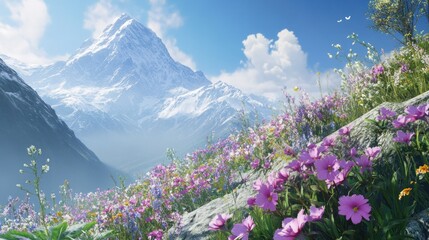 Majestic Mountain Landscape with Blooming Wildflowers