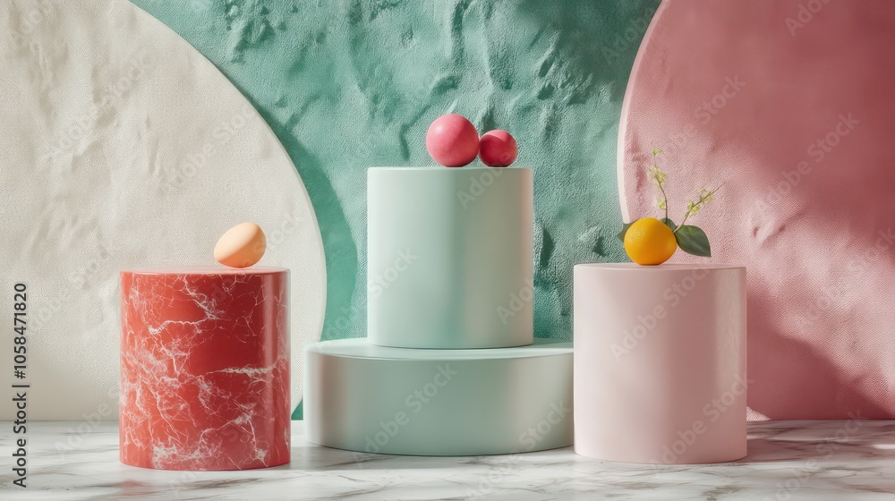 Poster render of cylinder pedestal showcase scene, geometric shapes background and realistic pastel display