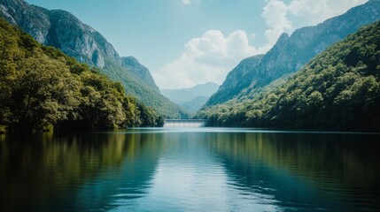 Serene Mountain Lake Landscape with Blue Sky