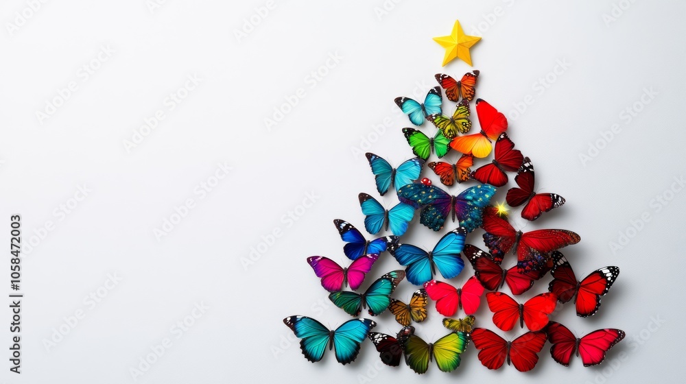 Poster butterfly tree with a star on top. the butterflies are in different colors and sizes. the tree is ma