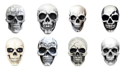 Collection of skull accessories isolated on a transparent PNG background, white background , cut out, clipping path, Generative Ai