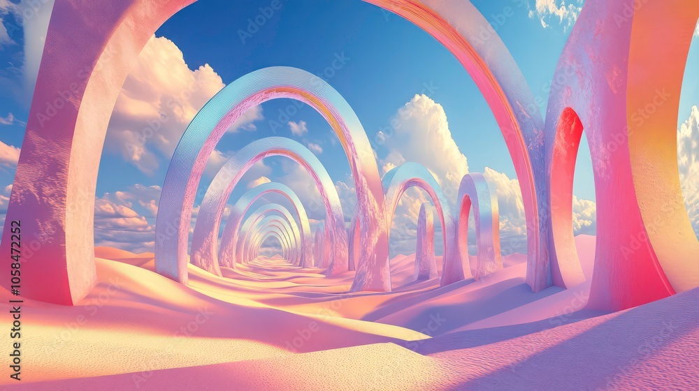 Poster a surreal landscape featuring archways in a sandy environment under a colorful sky.