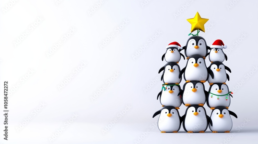 Poster group of penguins are stacked on top of each other in a christmas tree. the penguins are wearing hat