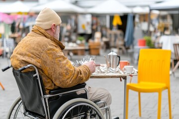 Obraz premium Inclusive Antique Market Man in Wheelchair Engaging with Retro Collectibles Outdoors