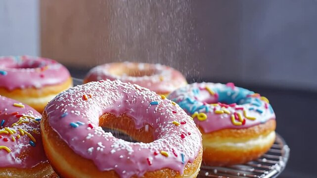 Freshly baked donuts with pink icing topped with sprinkles cooling on a wire rack in a cozy kitchen setting