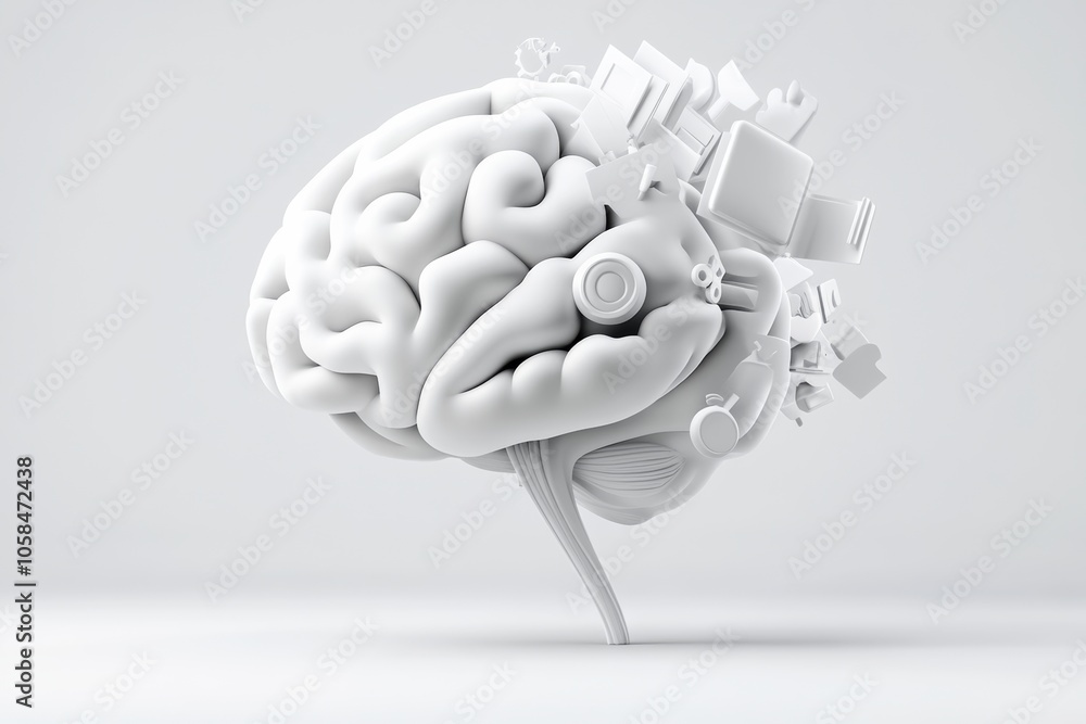 Aufkleber white brain with many objects on it, including a book, a clock, and a computer. the brain is surroun