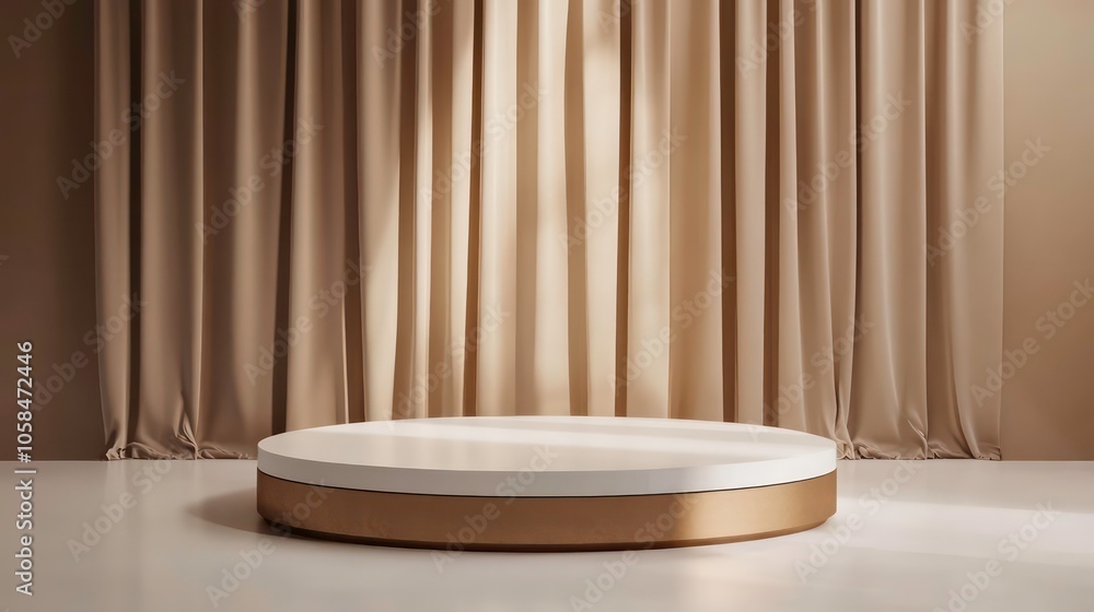 Aufkleber a minimalist circular mirror reflecting clouds, set on a simple platform with soft drapes.