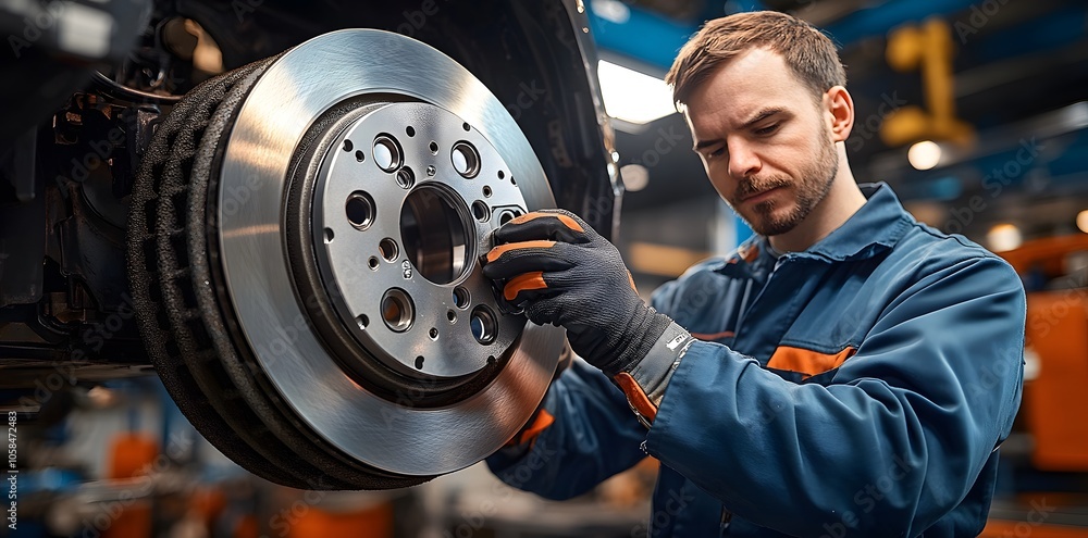 Poster a mechanic inspecting and working on a car's brake system in an automotive workshop.