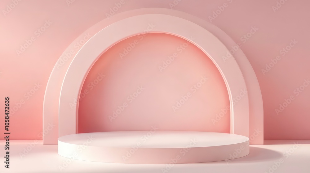 Poster a minimalist stage with soft arches and a circular platform, ideal for presentations or displays.