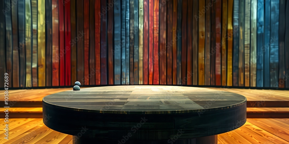 Poster round wooden table with colorful background smooth blue background with copy space for advertisement