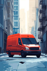 A red van is parked on a city street