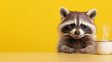 Raccoon is sitting on a table with a cup of coffee. The scene is playful and lighthearted, with the raccoon looking at the camera and appearing to be enjoying the moment
