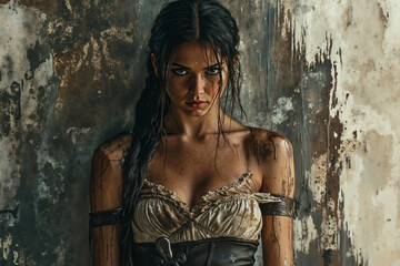 Naklejka premium A woman with dark hair and blue eyes, wearing a white and brown dress, stands against a wall with peeling paint