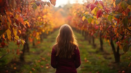 Girl Walking Through Autumn Orchard Path